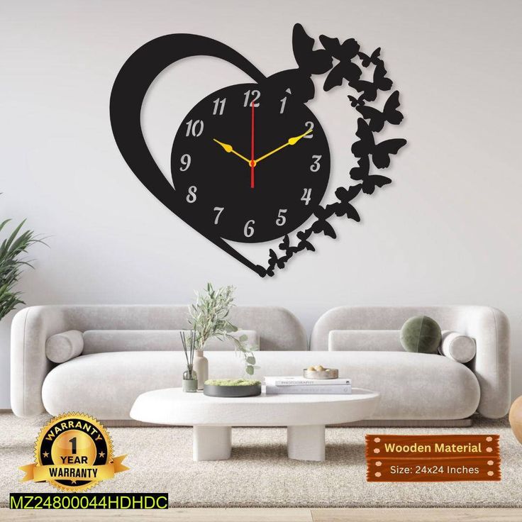 Modern Heart & Butterflies Wooden Decorative Wall Clock